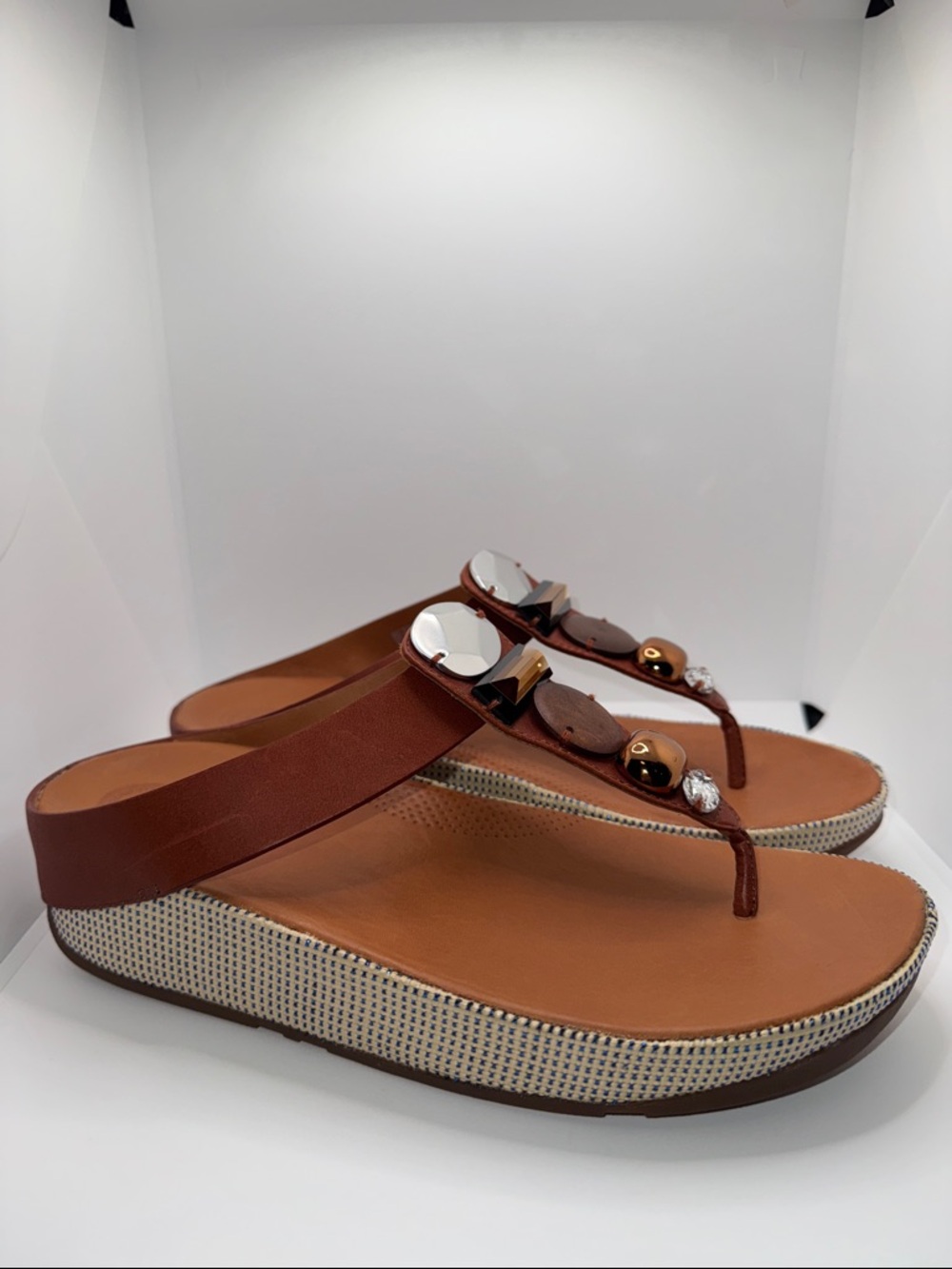 Fitflop Tan Brown Platform Thong Sandals with Jewel Accents